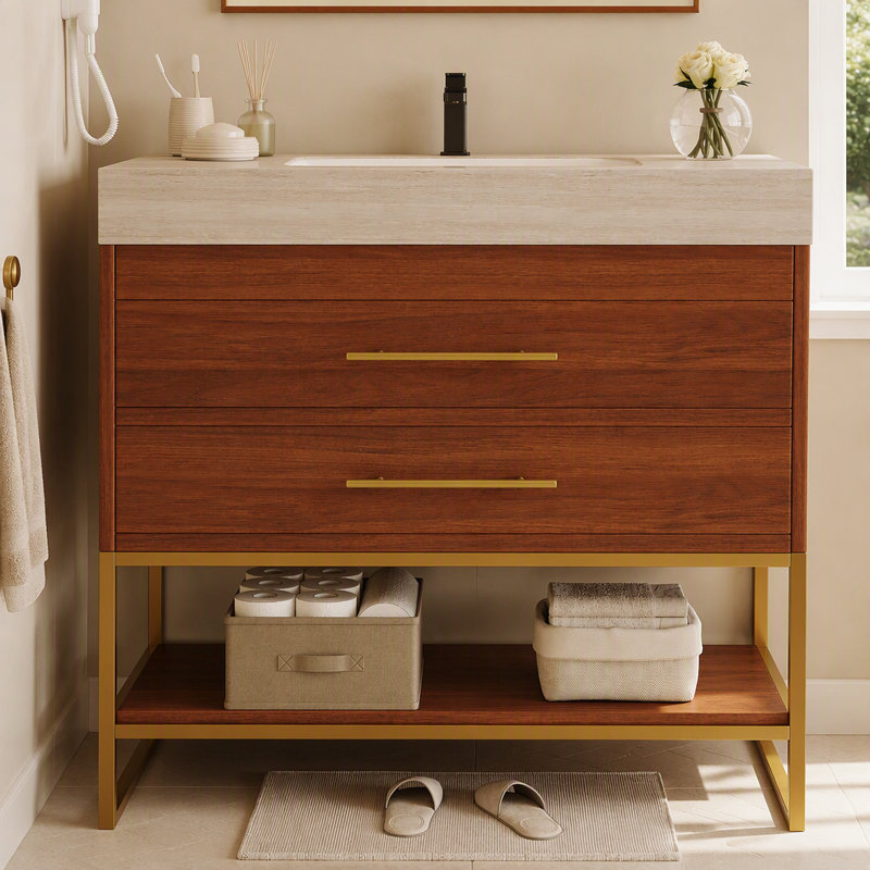Meuble-lavabo autoportant moderne de 29,9 po avec lavabo sous comptoir en céramique frittée et tablette inférieure pour les petites salles de bain, appartement