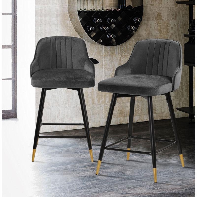 Swivel Velvet Upholstered Counter & Bar Stool, Gray, Counter Stool (25.6" Seat Height)