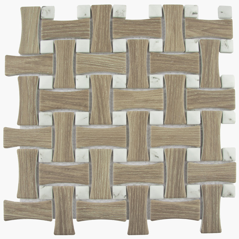 Llama Dog Bone Basketweave 10 In. X 10 In. Porcelain Mosaic Floor and Wall Tile, Brown/White