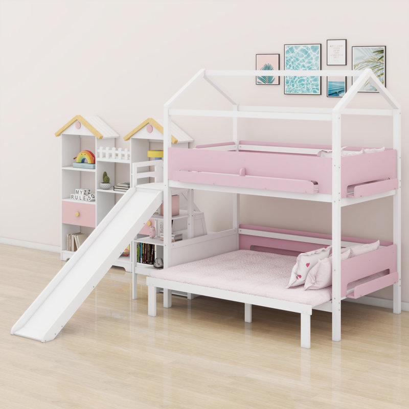 Lit superposé en bois en forme de maison avec glissade, escalier de rangement et garde-corps pour enfants, Blanc + rose