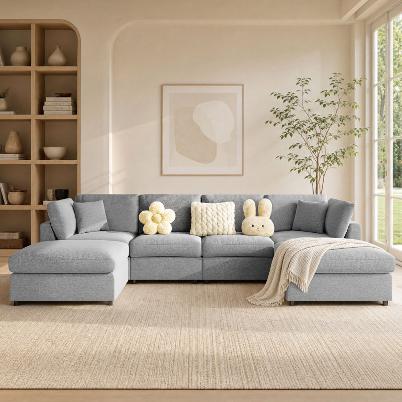 Canapé modulaire en chenille modulaire de 128 po en forme de U avec 2 repose-pieds mobiles, Gris