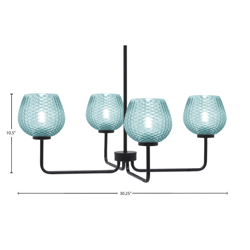 Lustre 4 lumières Amarmula, finition noir mat, verre texturé turquoise 6 po, Noir, Sarcelle