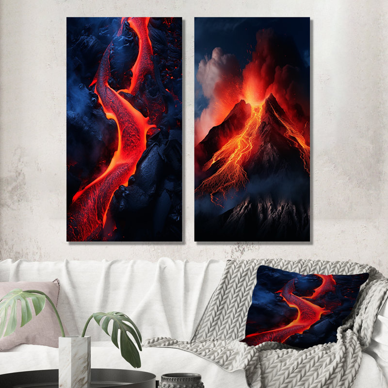 Volcano Volcanic Symphony - Ensemble de 2 décorations murales volcaniques, H 28 po x l 25 po, Toile tendue