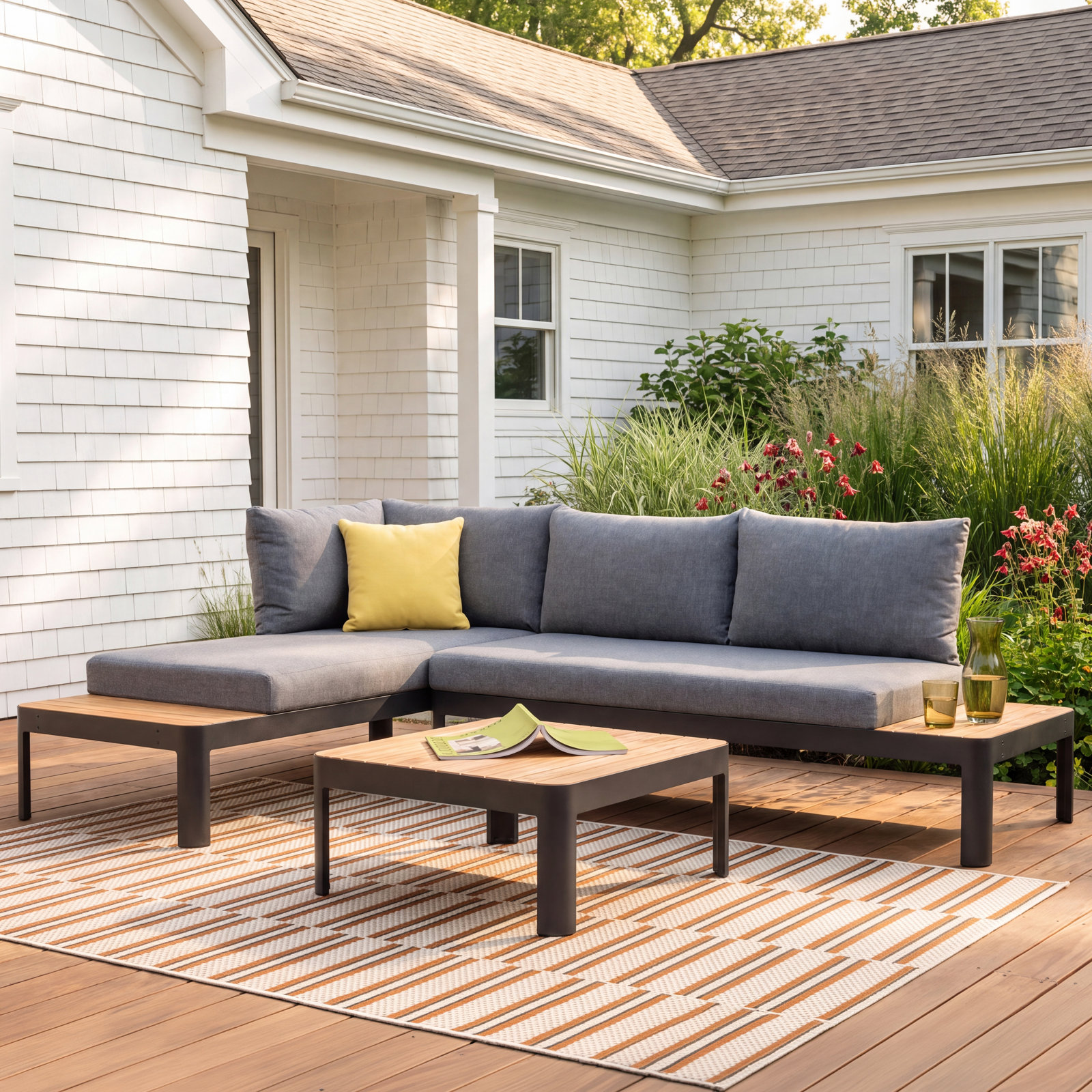 Brix 68" Teak Patio Sectional, Gray