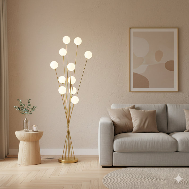 46" In 11-Light Acrylic Globe Aluminun Led Chrysanthe Yellow Gold Metal Floor Lamp, Gold