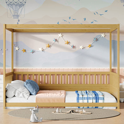 Full Size Canopy Montessori Wooden Floor Bed with Four Poster Design & Safety Guardrails, Natural, Kids Playhouse Bed Frame