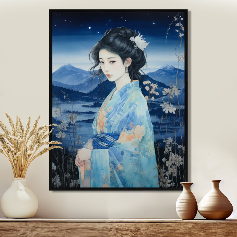 Kimono japonais japonais, beauté nocturne - décoration murale asiatique, Cadre flottant noir, H 20 po x l 12 po