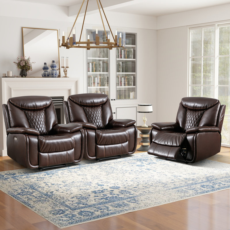 40.6" Wide Modern Diamond Home Theater Recliner With Power Button And USB (Set of 3), Brown