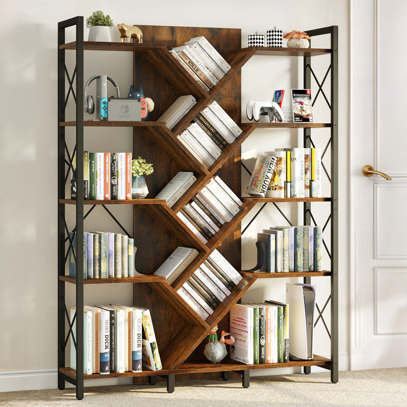 Mong Wood Etagere Bookcase, Industrial Bookshelf For Living Room, Bedroom