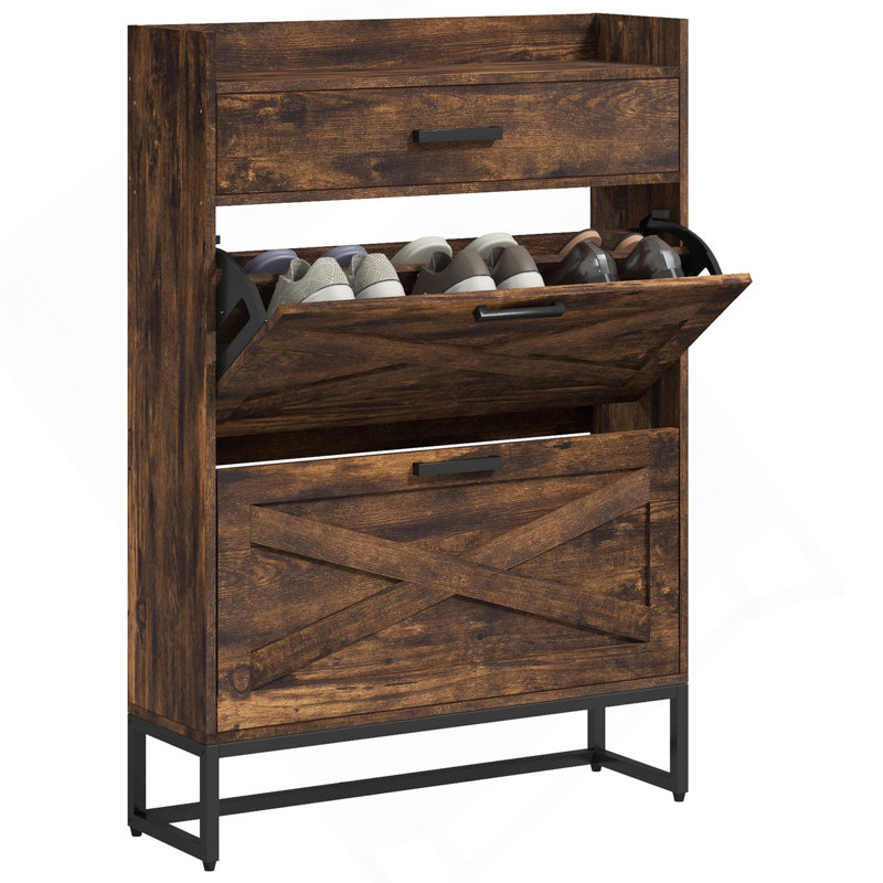 HOMCOM Narrow Shoe Cabinet With 2 Flip Doors And Top Drawer, Brown, Rustic Brown