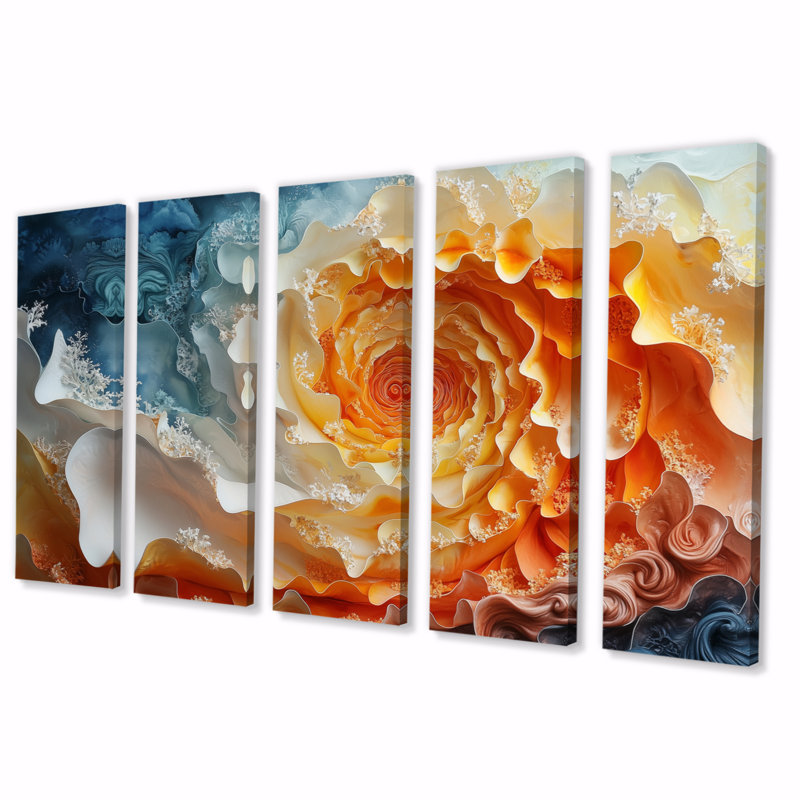 «Yellow and Orange Sunrise Abstract Waves I», ensemble d'art mural spirales abstraites, H 32 po x l 80 po