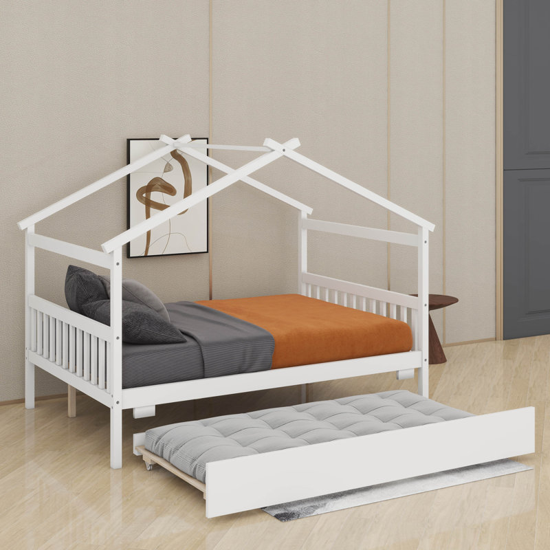 Lit double en bois avec lit gigogne simple, Double, Blanc
