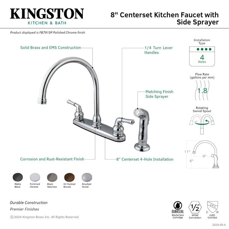 Kingston Brass Magellan Two-Handle 4-Hole 8" Centerset Kitchen Faucet with Side Sprayer, Brushed Nickel