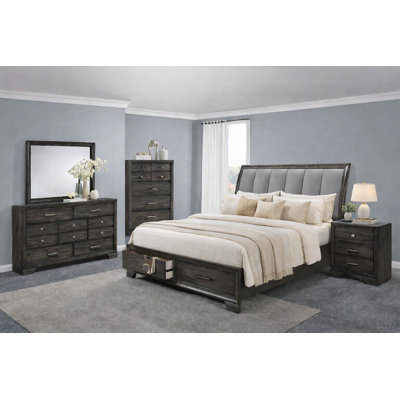 Ensemble de chambre à coucher moderne avec lit-bateau avec rangement rembourré gris
