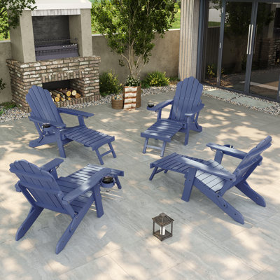4pcs Folding Adirondack Chair with Retractable Ottoman and Cup Holder Adjustable Adirondack Chair with Footrest Set by Rosecliff Heights