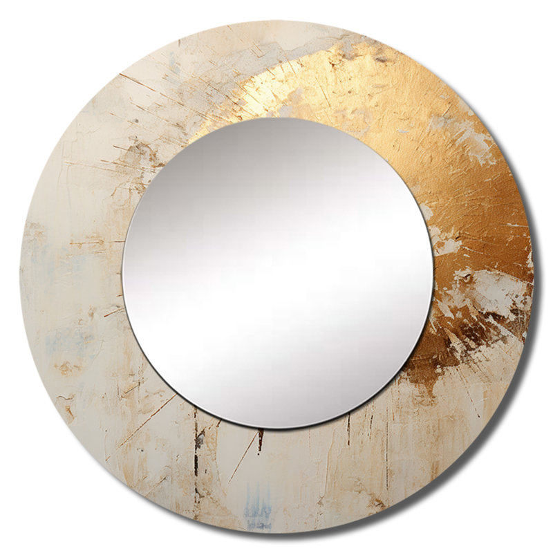 Or et peinture beige Fusion I - peinture abstraite miroir, miroir mural rond beige unique, reproduction d'art en métal
