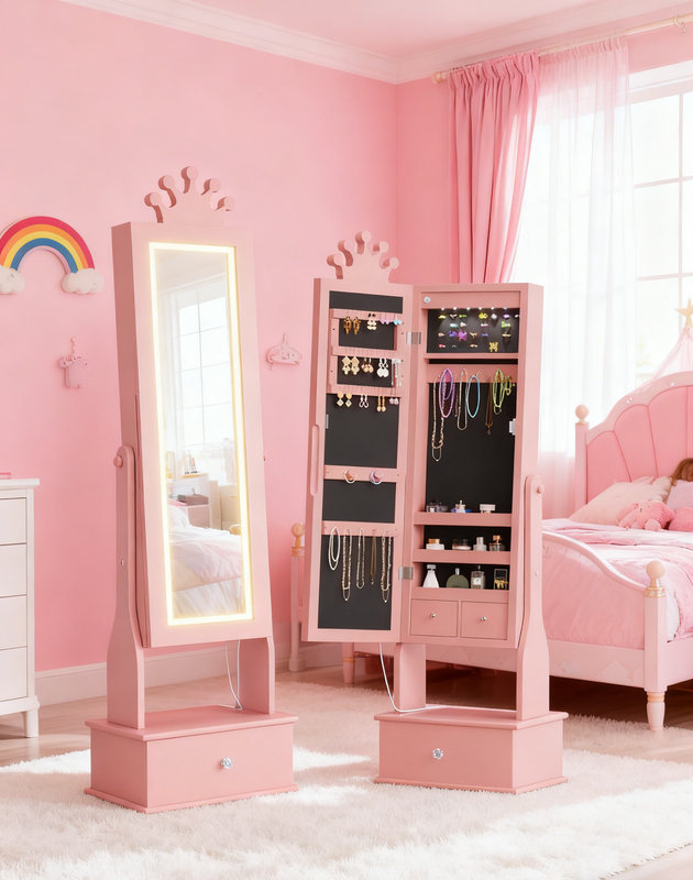 Armoire à bijoux pour enfants avec miroir à DEL, 3 tiroirs et conception de princesse pour le rangement d'accessoires pour filles
