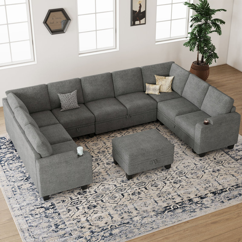 Canapé modulaire en U en chenille avec porte-gobelet Anjanette, Gris chenille