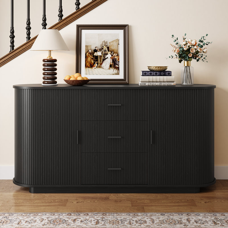 63" Sideboard With Sliding Tambour Door, Buffet Cabinet With 3 Large Drawers & 2 Cabinets For Dining Room, Living Room, Black