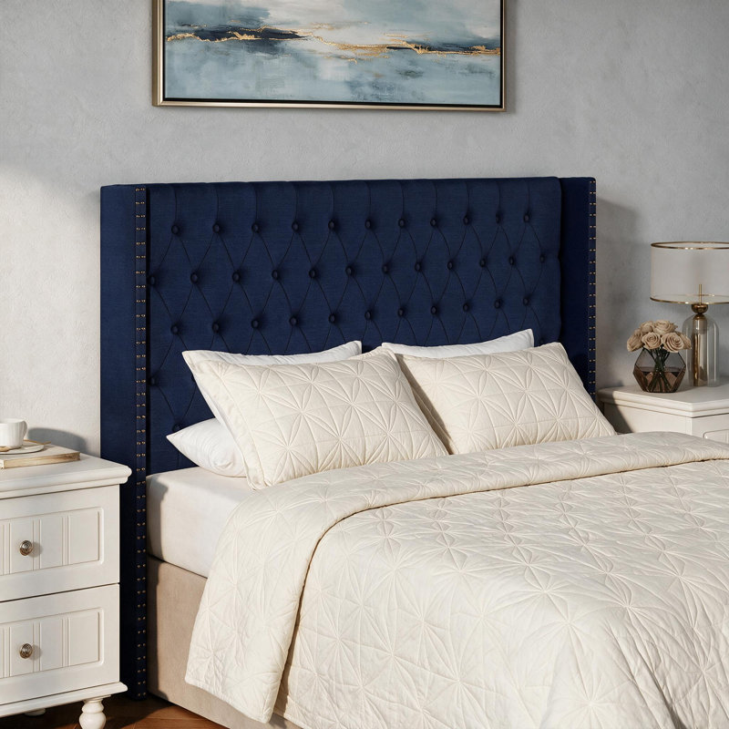 Tufted Wingback Upholstered Headboard with Nailhead Trim, Navy Blue-Linen, Queen