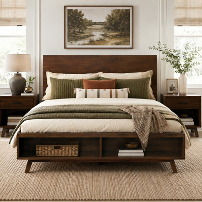Walnut Queen Platform Bed Frame with Footboard Storage, Solid Rubberwood & MDF, No Box Spring Needed