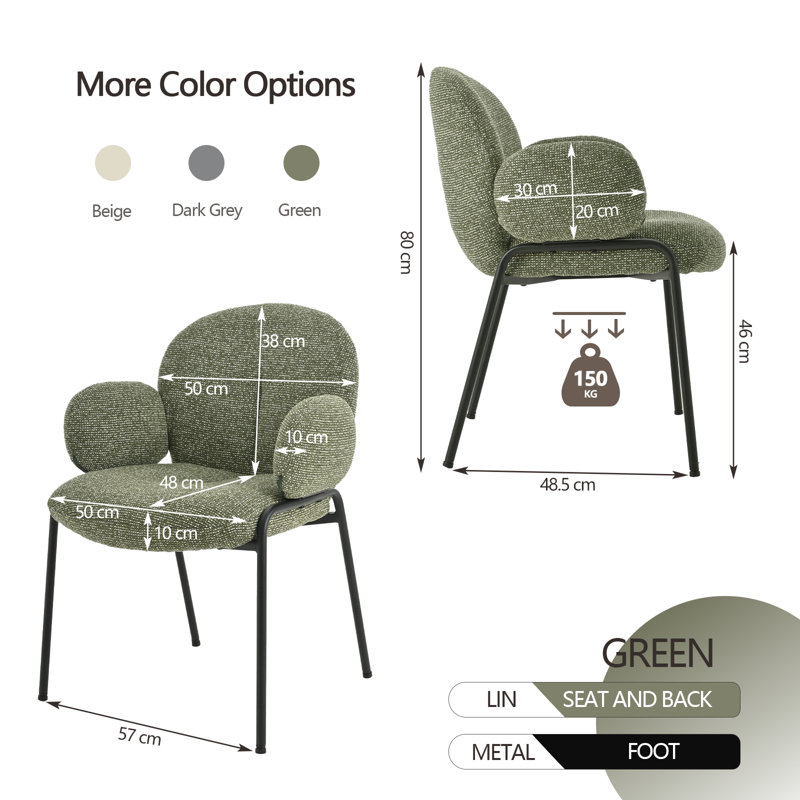 Anston 46cm H Linen Upholstered Metal Armchair, Green Linen, 6
