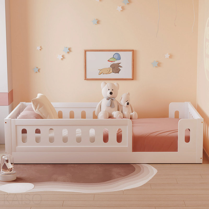 Lit plateforme simple en bois avec garde-corps, blanc, Lit simple, Blanc