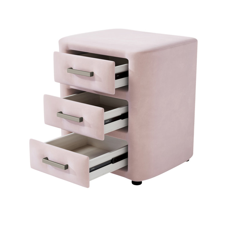 Ensemble de chambre à coucher 3 pièces avec lit plateforme tapissier en velours et 2 tables de chevet à trois tiroirs, Rose