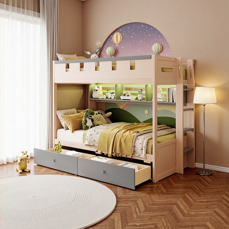 Lit mezzanine pour enfants Magical Castle avec éclairage à DEL intégré et tablettes, 2 tiroirs de rangement - Lit superposé amusant