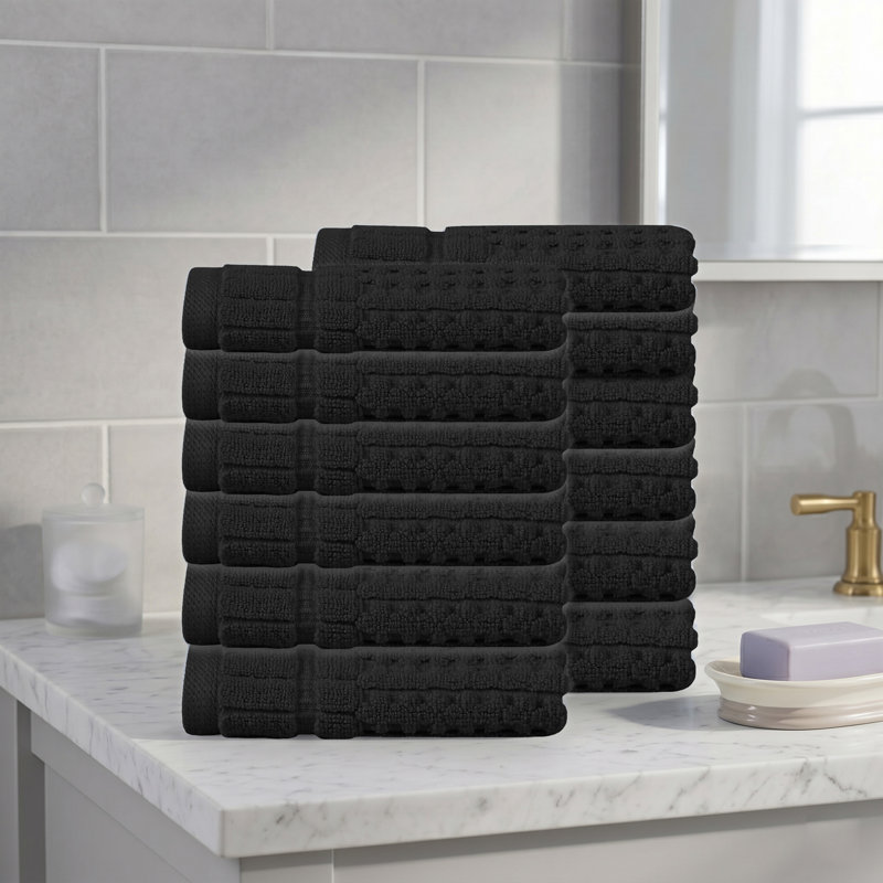 Ensemble de serviettes de toilette 12 pièces Willow - 100% coton peigné, qualité supérieure 630 g / m², noir, ultra doux et très absorbant (12 serviettes de toilette)