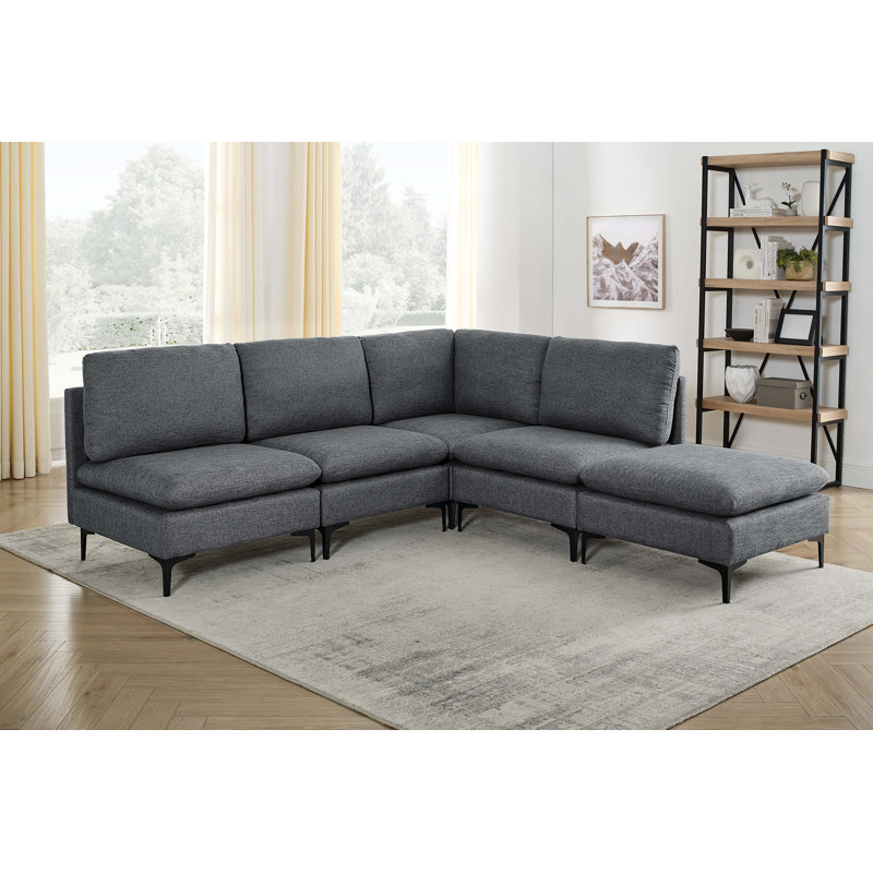 Canapé modulaire réversible avec repose-pieds Atheana, Mélange de lin gris foncé
