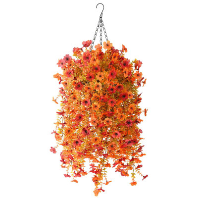 Fleurs artificielles suspendues d'automne - 2 pièces en soie résistante aux rayons UV et en fausse maman orange et rouge d'automne pour le jardin extérieur