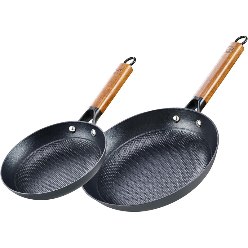Poêles antiadhésives en fonte de 8/12 po de la collection DM, ensemble de poêles à frire 2 pièces avec poignée en bois d'acacia amovible, poêle à œufs omelette antiadhésif en nid d'abeille, batterie de cuisine à induction, casseroles allant au four, faciles à nettoyer pour la cuisson