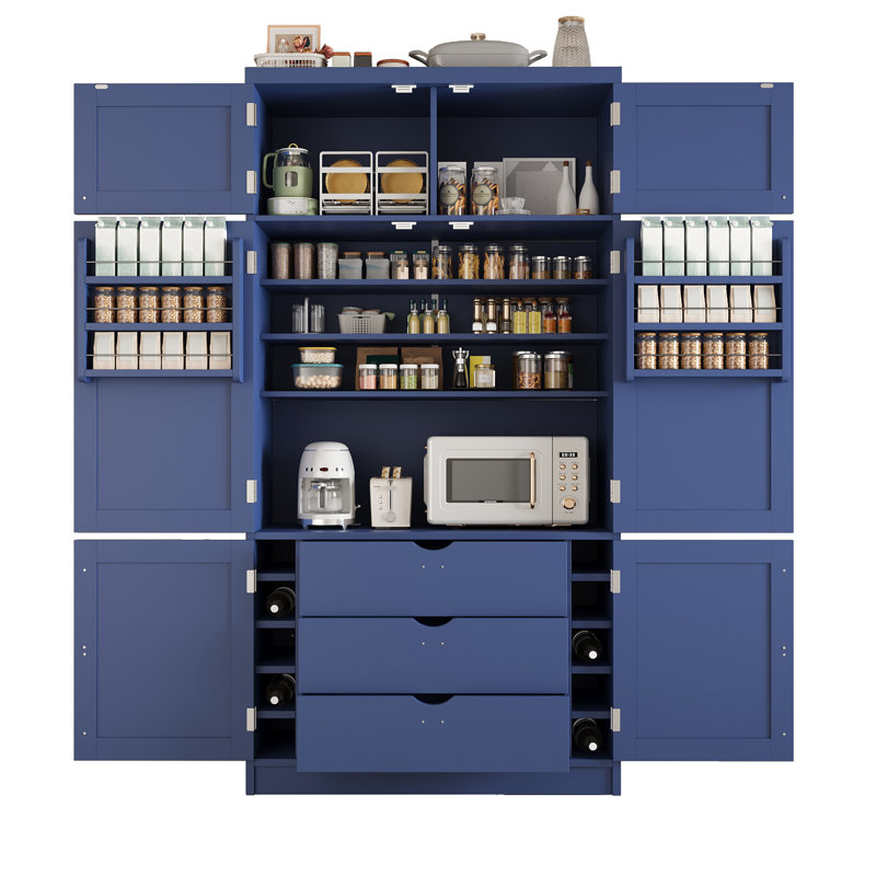 Freestanding Kitchen Pantry Cabinet, Integrated Power Outlets, Adjustable Shelving & Wine Rack, Contemporary Style, Dining & Living Room