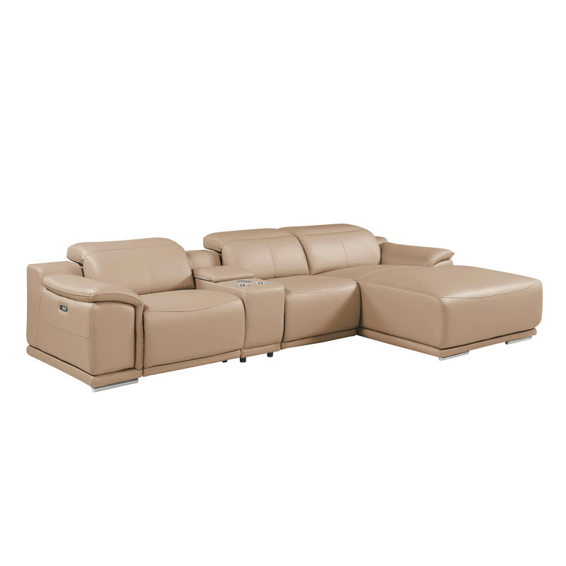 Canapé modulaire en L en cuir véritable 4 pièces BEIGE faisant face à droite avec 2 fauteuils inclinables et appuis-tête réglables