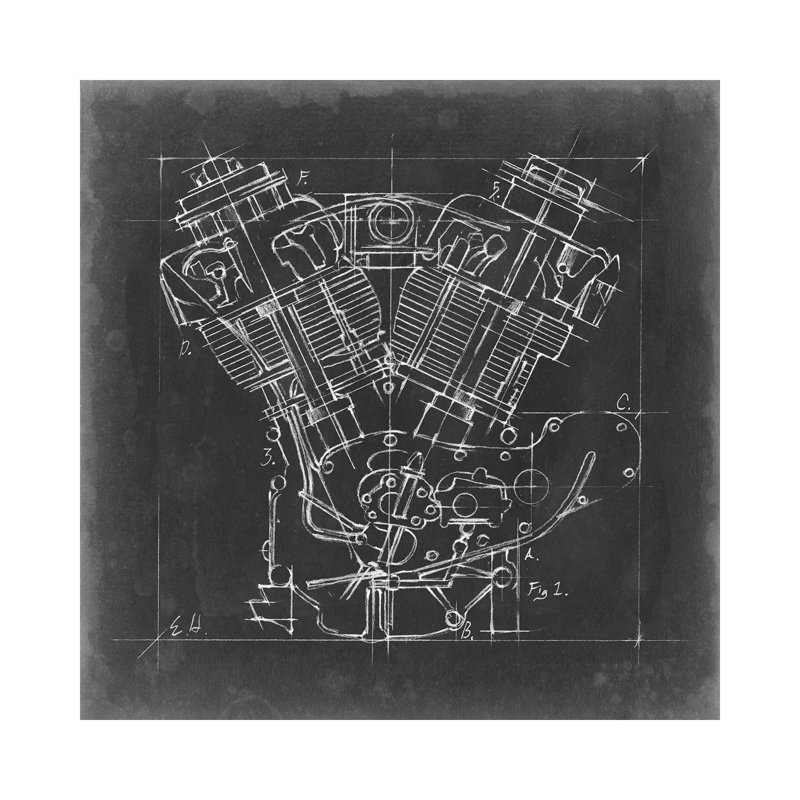 "Moto Engine Blueprint I" par Ethan Harper, reproduction d’art, H 37 po x l 37 po x P 1,5 po, Toile tendue, Pas de tapis