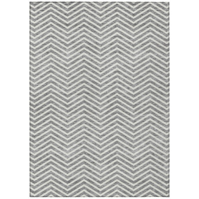 5' X 8' Gray And Ivory Chevron Washable Indoor Outdoor Area Rug