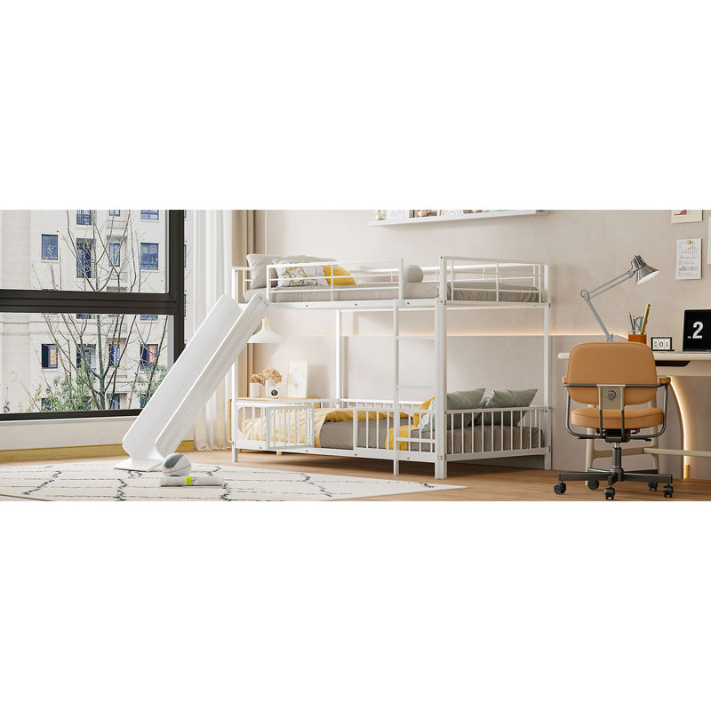 Lit superposé en métal avec glissière et garde-corps, Lit simple, Blanc