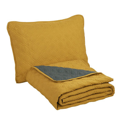 3 Piece Yellow & Gray Geometric Reversible Quilt Coverlet Bedspread Bedding Set