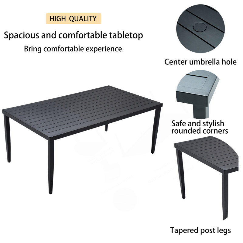 Ensemble de salle à manger 7 pièces en aluminium pour l'extérieur avec chaises berçantes pivotantes, coussins Sunbrella et table à trous pour parasol.