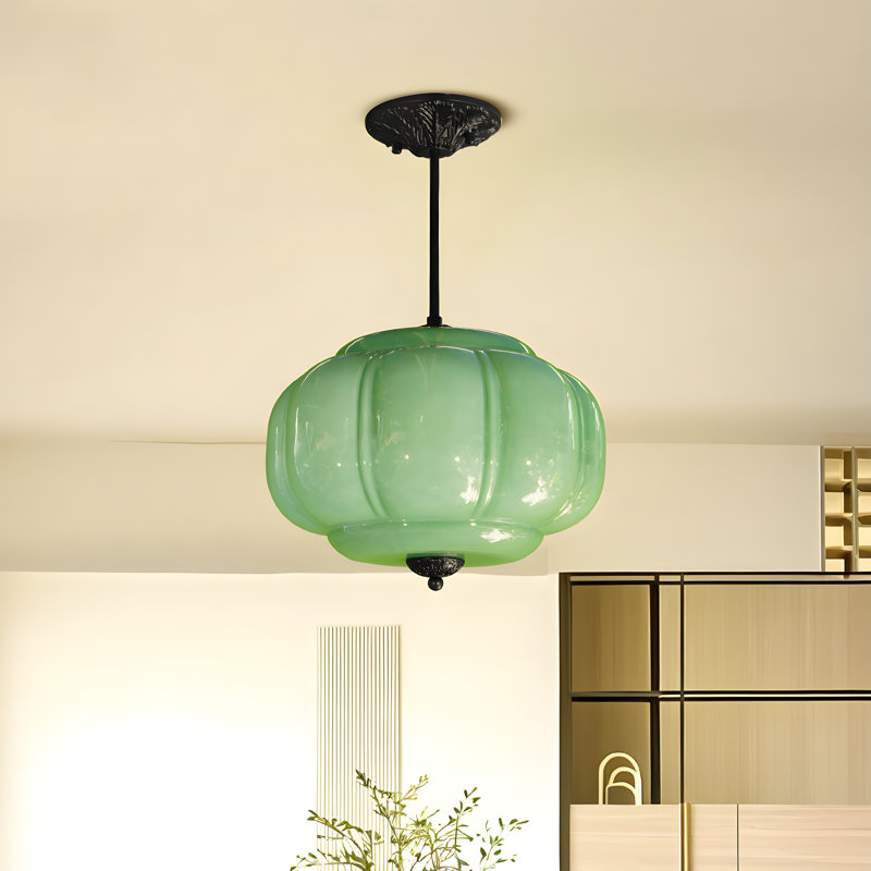 Vintage Glass Semi Flush Mount Ceiling Light,Pumpkin Chandelier, Green