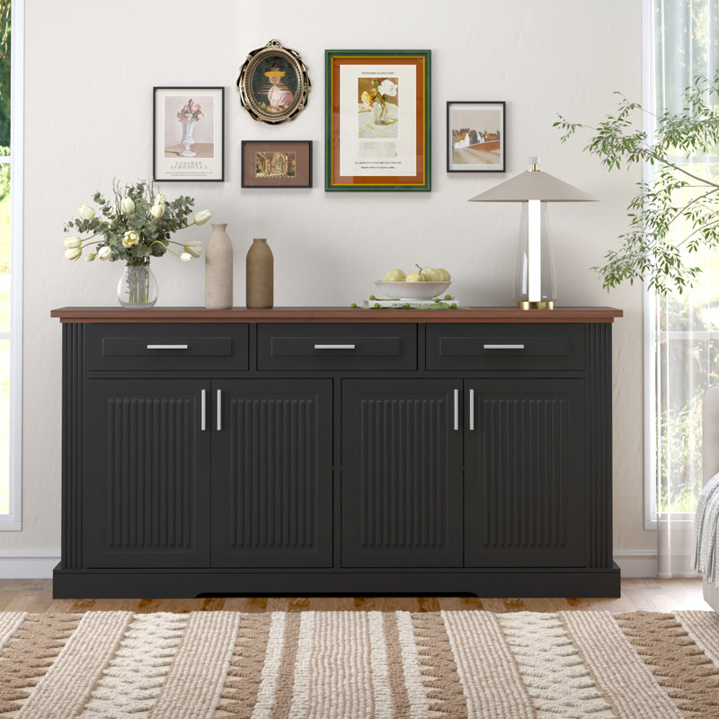 Station de café cannelée de 63 po, buffet noir avec beaucoup de rangement, 4 portes et 3 tiroirs, glissières de tiroir lisses, charnière de haute qualité en noir, conception à deux tons, tablettes réglables,