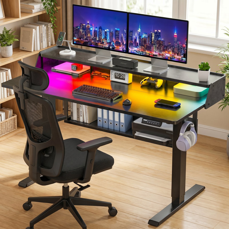 Electric height adjustable desk, adjustable stand desk, monitor stand with bookshelf, standing gaming desk with LED light strip，Suitable for home and office