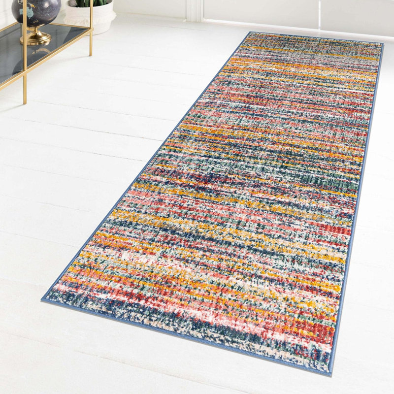 Tapis rayé jaune / bleu / rouge / bleu marine Hulsey, Tapis de couloir 2 pi 7 po x 10 pi