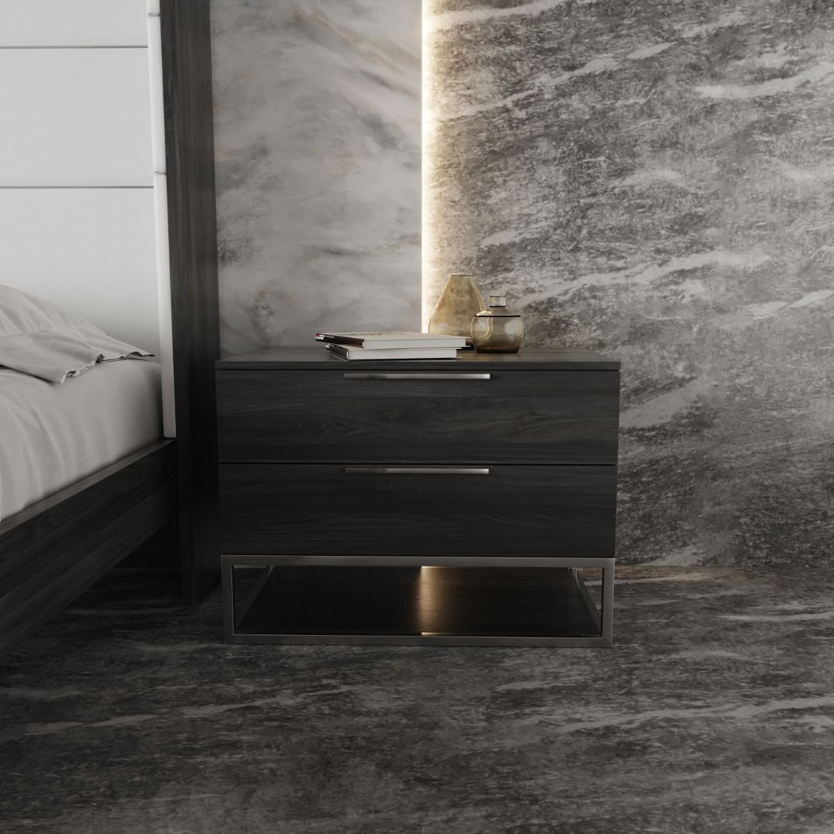 2-Drawer Mixed Material Nightstand, Gray Elm