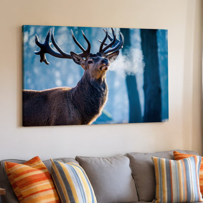 Canvas A Majestic Deer Stands In A Misty Forest Its Head Wall Art Tilted Slightly Upwards Showcasing Impressive Antlers Dusted With Canvas Wall Art