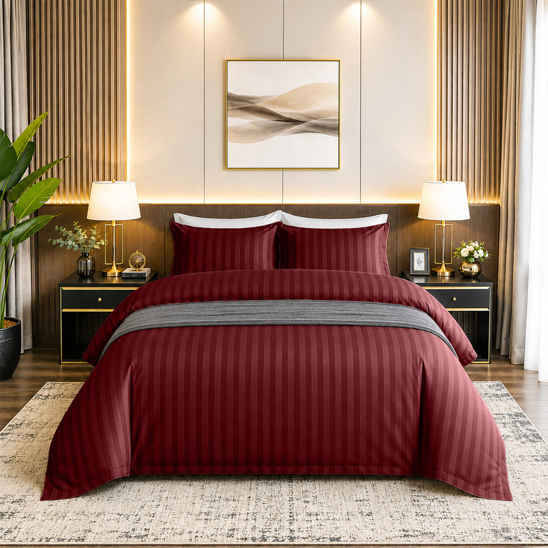 Microfiber Striped Duvet Cover Set with Matching Pillowcases and Stripe Fitted Sheet, Burgundy