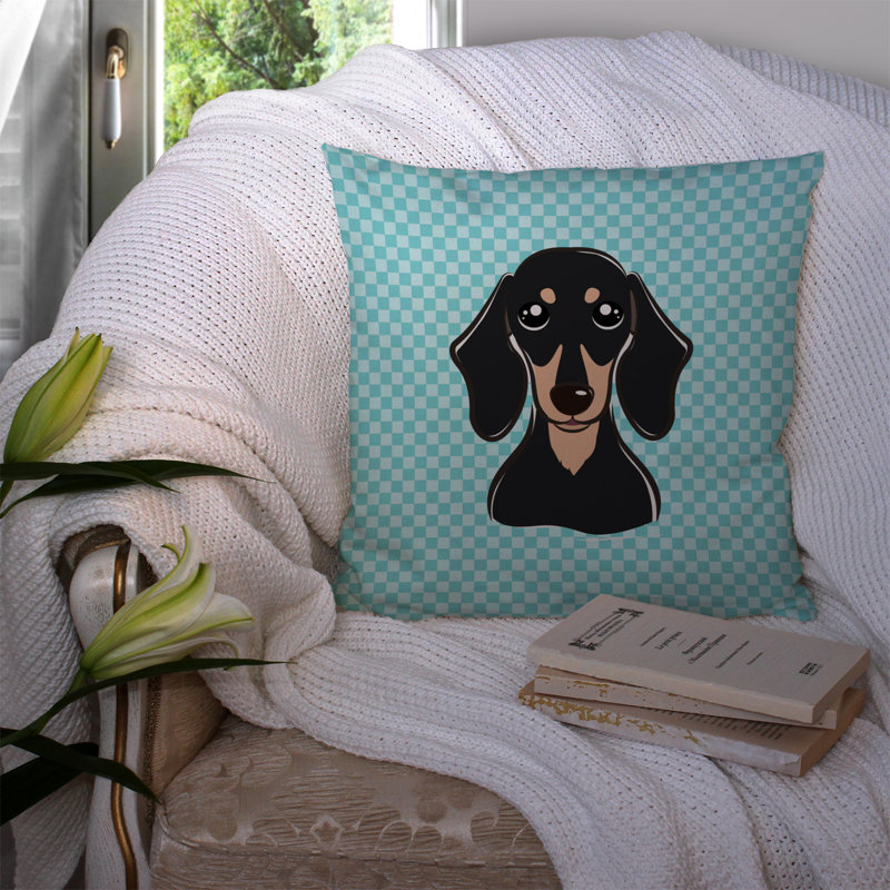Coussin décoratif intérieur/extérieur noir et brun clair à damier lisse teckel, H 18 po x l 18 po x P 5,5 po, Bleu