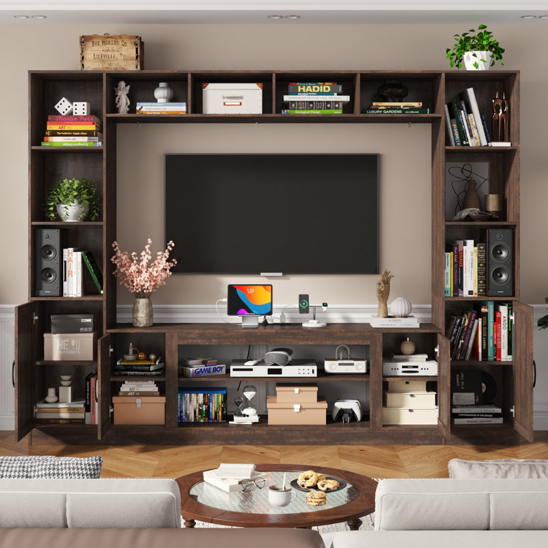 103" Entertainment Center/TV Stand For Tvs Up To 80" With Charging Station, Cabinets, And Bookcase, Brown