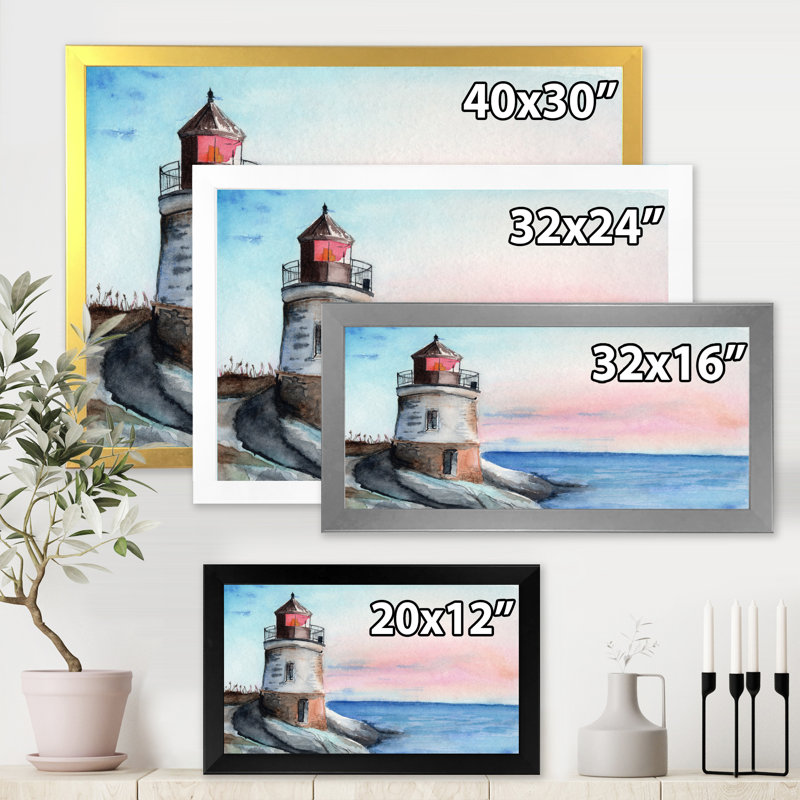 Un phare sur un rivage en début de matinée - peinture sur toile, H 16 po x l 32 po x P 1,5 po, Toile avec cadre noir